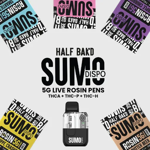 [T-1244-03] Half Bak’d -SUMO Live Rosin Disposable 5G THC-P, THCH, and THCA 5pk Box (Purple Churros)