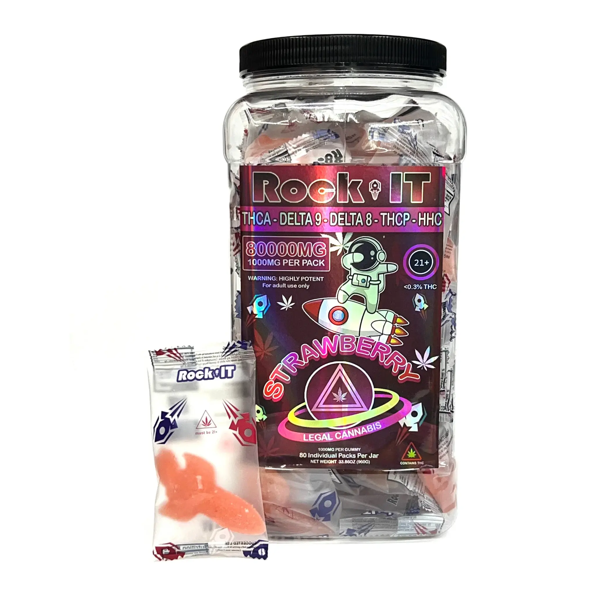 [Q-4791-04] ROCK IT GUMMIES 1200MG PER PC 70CT JAR THC-P/HHC/D8-9 (Strawberry)