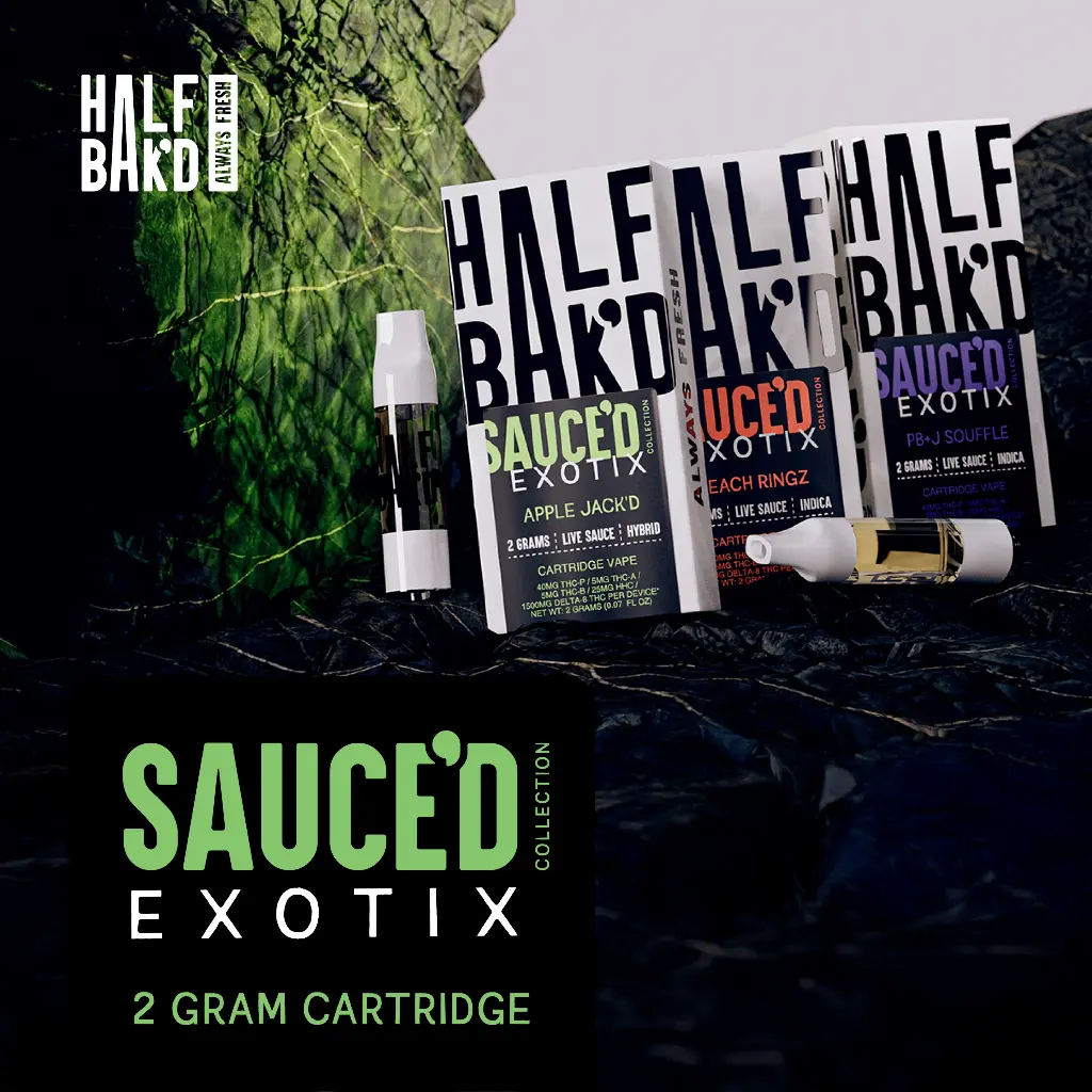Half Bak'd Live Resin SAUCE'D EXOTIX THC-P 2G Cartridges- 5 Pack 