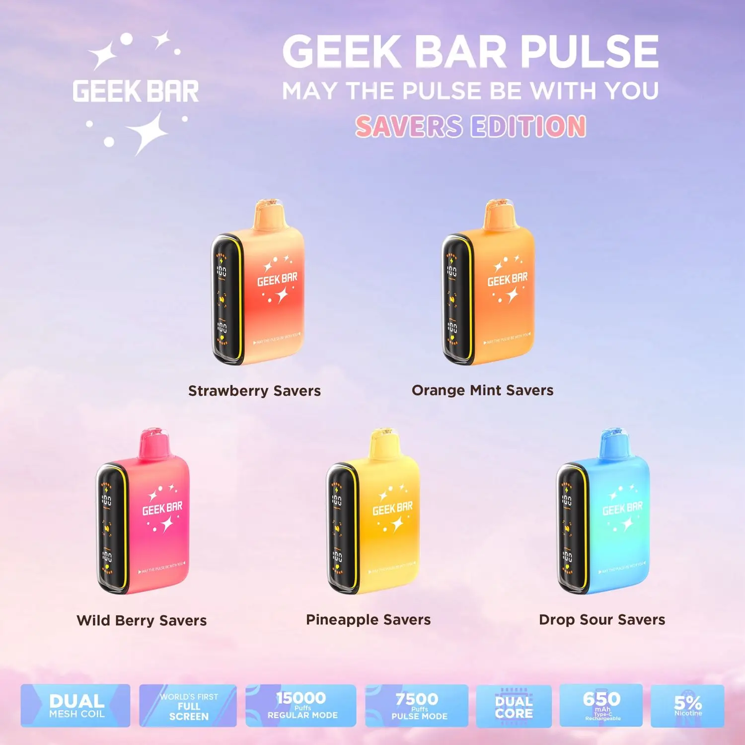 [T-1315-04] GEEK BAR PULSE 15000 PUFF  Drop Savers 16ML 5PK (Orange Mint)