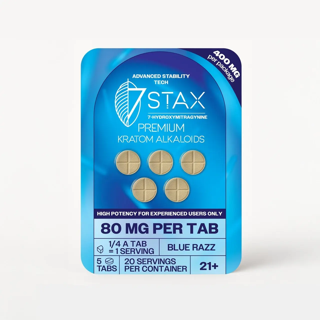[T-1323-02] 7Stax Premium 7-OH Kratom Alkaloid Tablets 80MG Per Tablet (400mg – 5 Count) (Blue Razz)