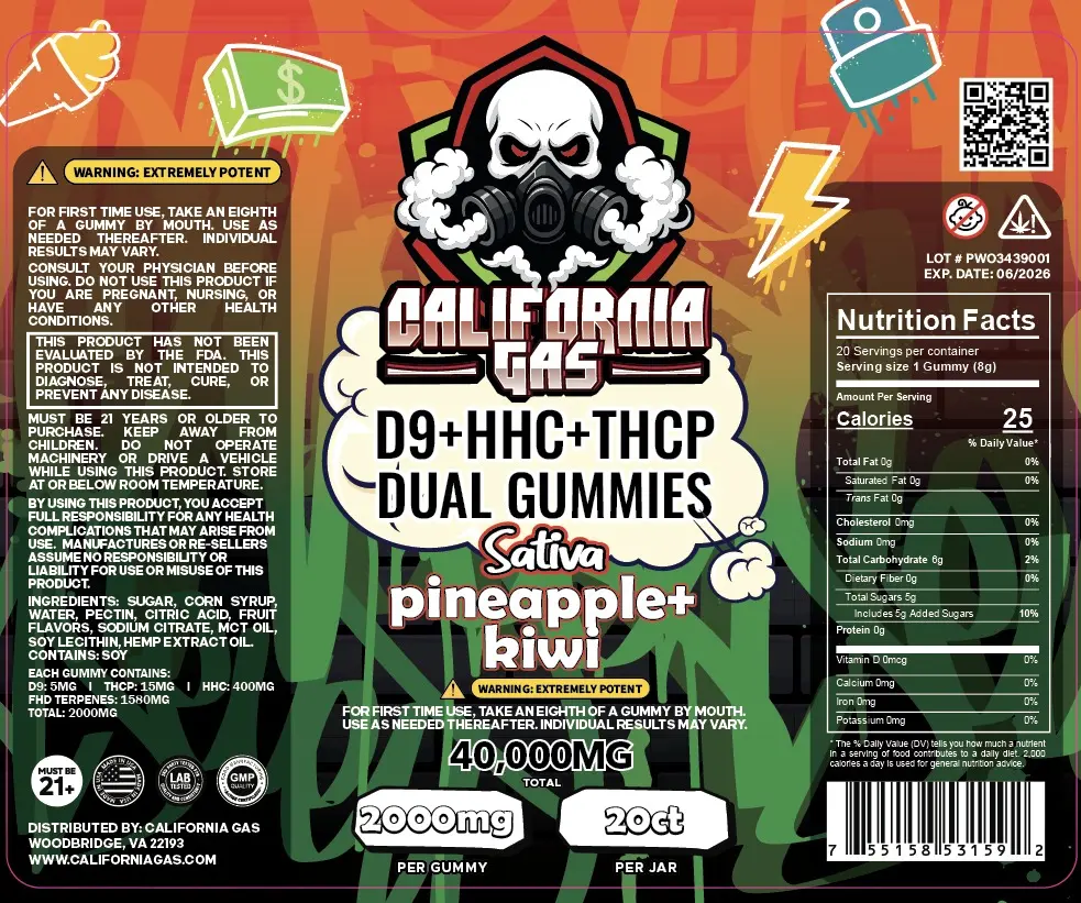 [T-1341-12] CALIFORNIA GAS DUAL GUMMIES D9+HHC+THCP  40,000MG (Raspberry+Watermelon)