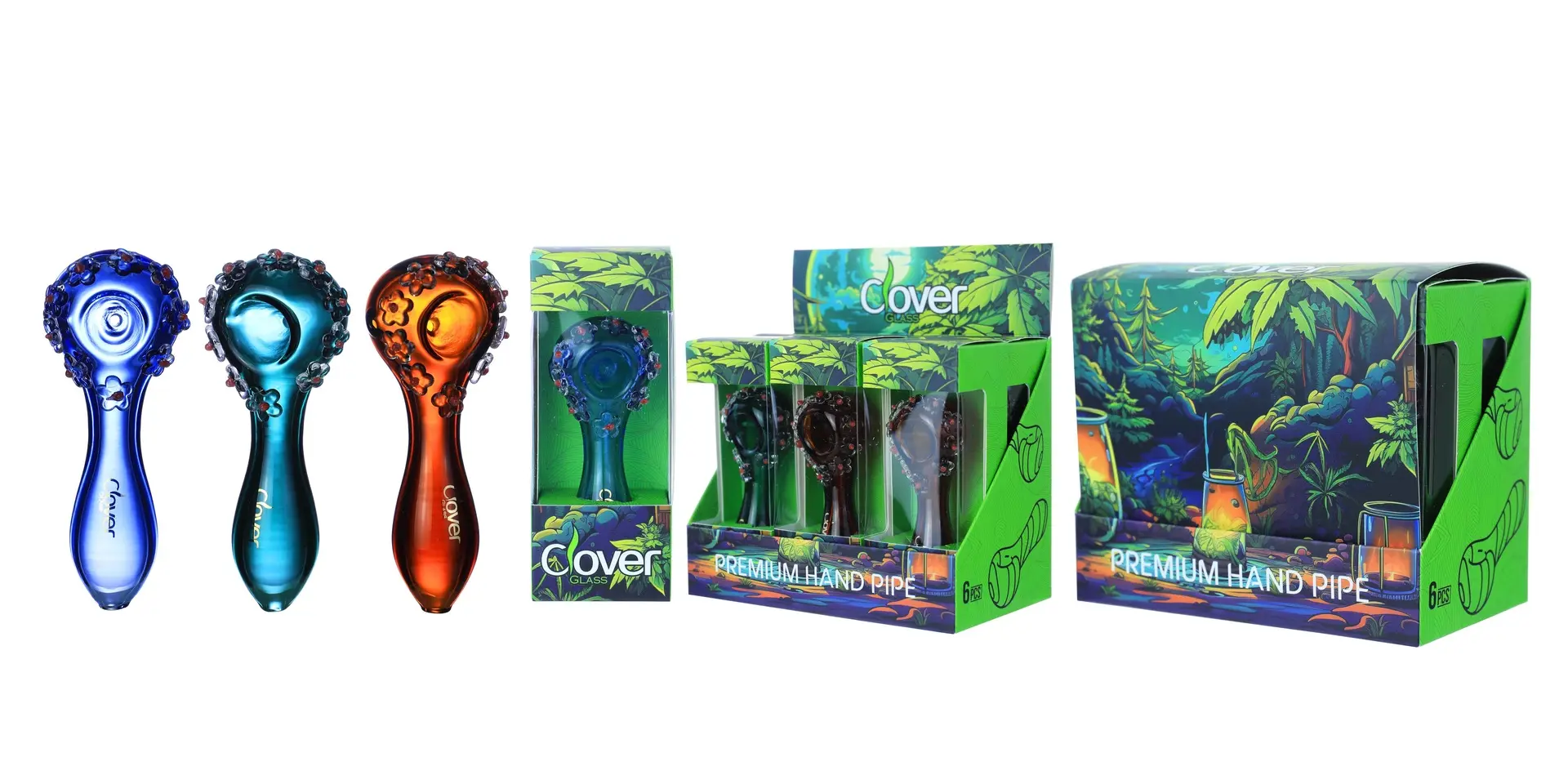 [T-1372-01] Clover Glass Hand Pipe 4 Inch Display 6PK (WPF-643)