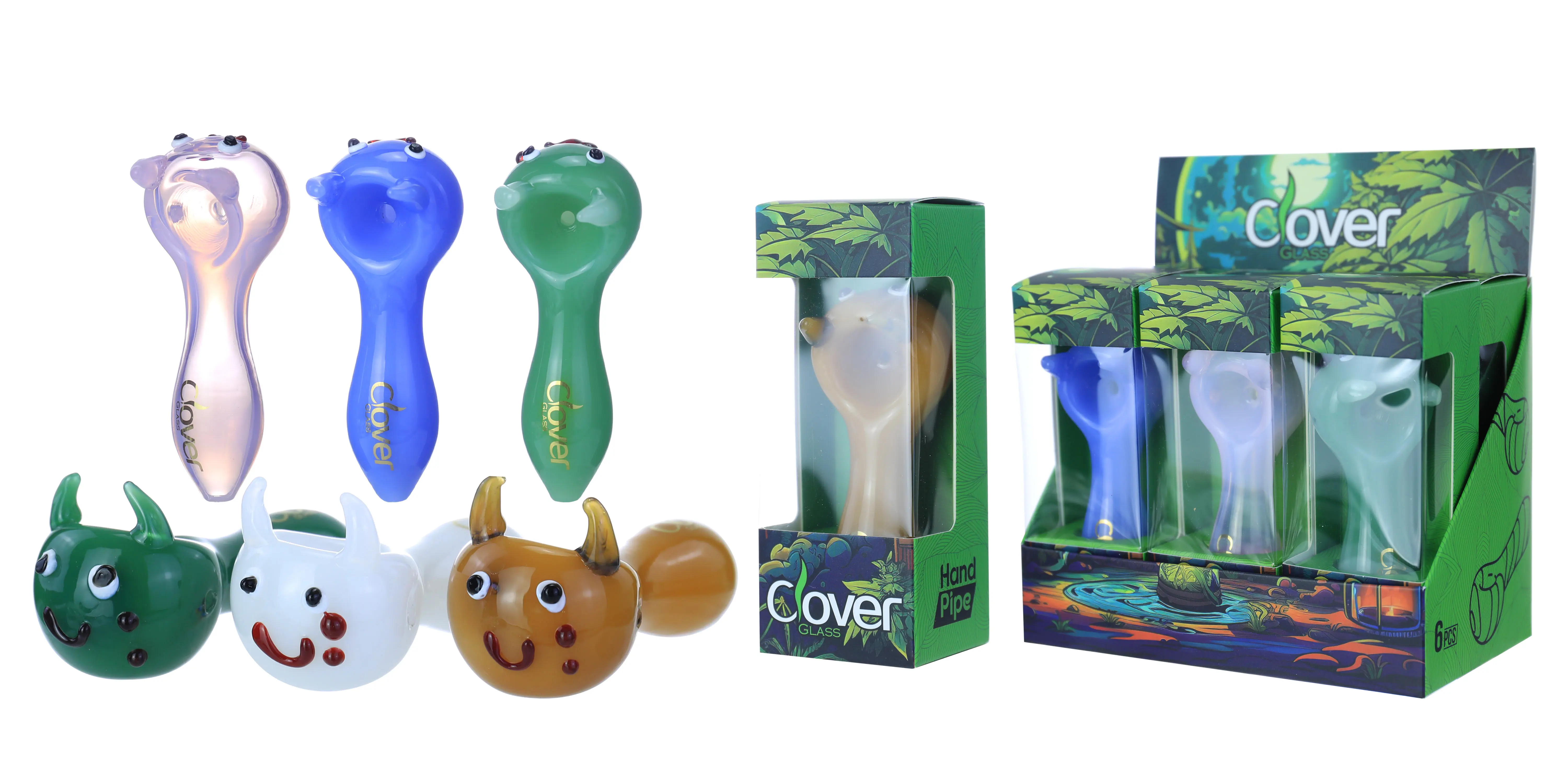 [T-1372-08] Clover Glass Hand Pipe 4 Inch Display 6PK (WPF-662)