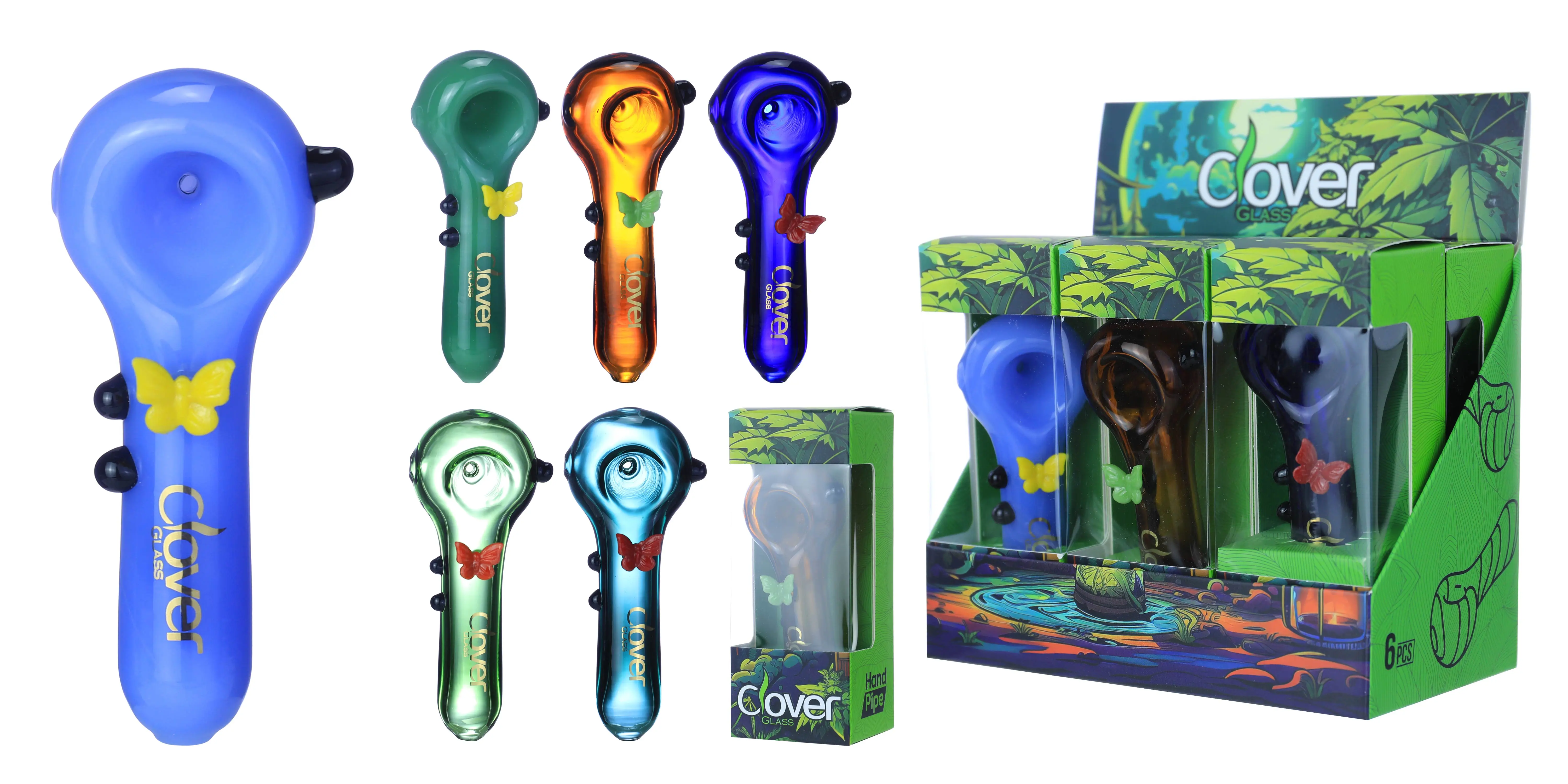 [T-1372-18] Clover Glass Hand Pipe 4 Inch Display 6PK (WPF-624)