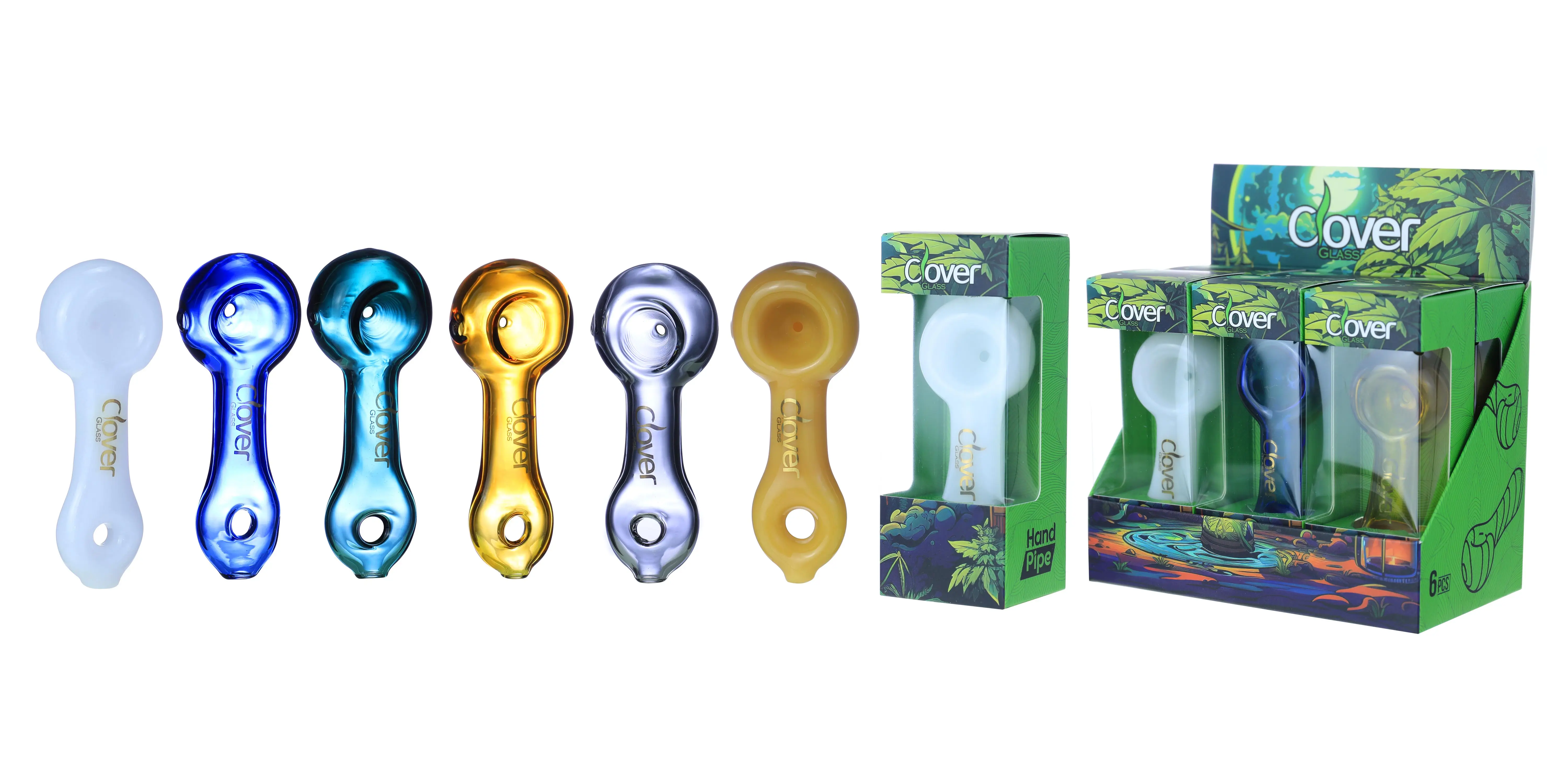[T-1372-20] Clover Glass Hand Pipe 4 Inch Display 6PK (WPF-606)