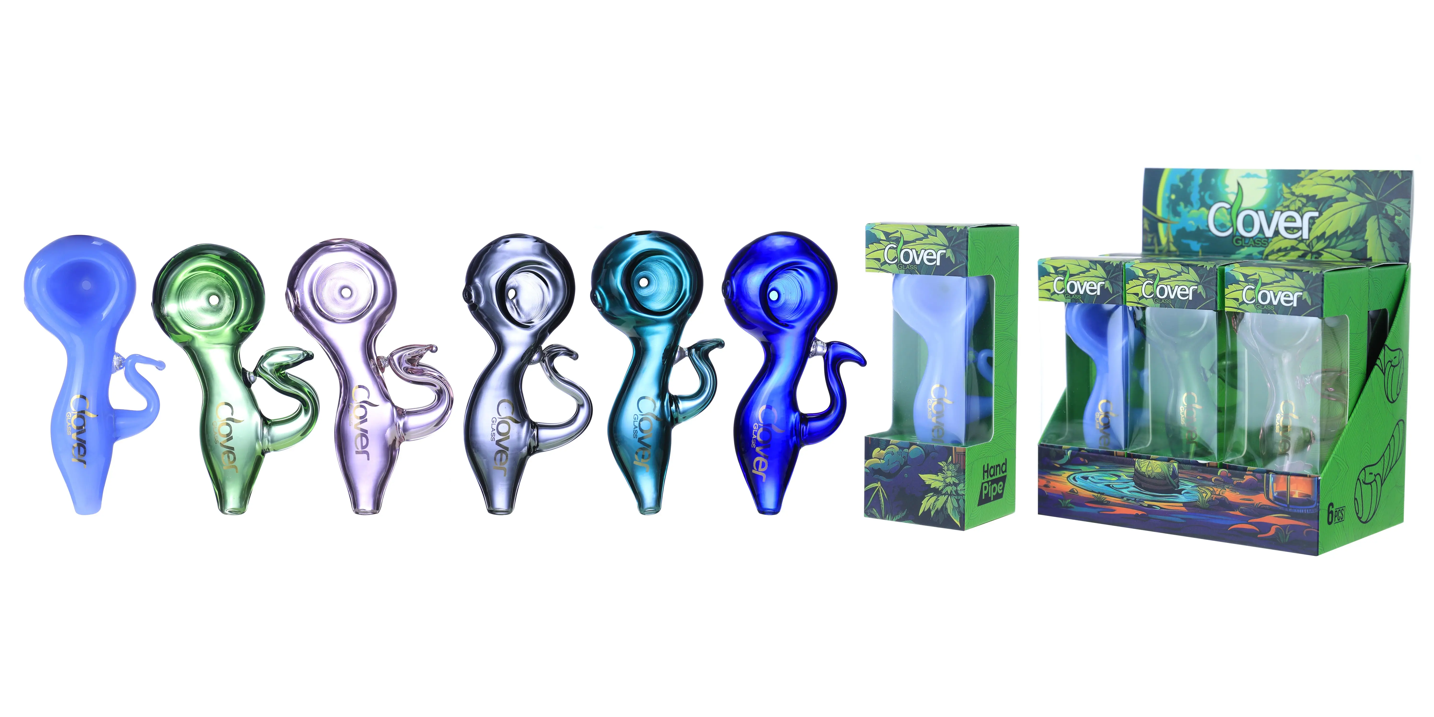 [T-1372-23] Clover Glass Hand Pipe 4 Inch Display 6PK (WPF-614)