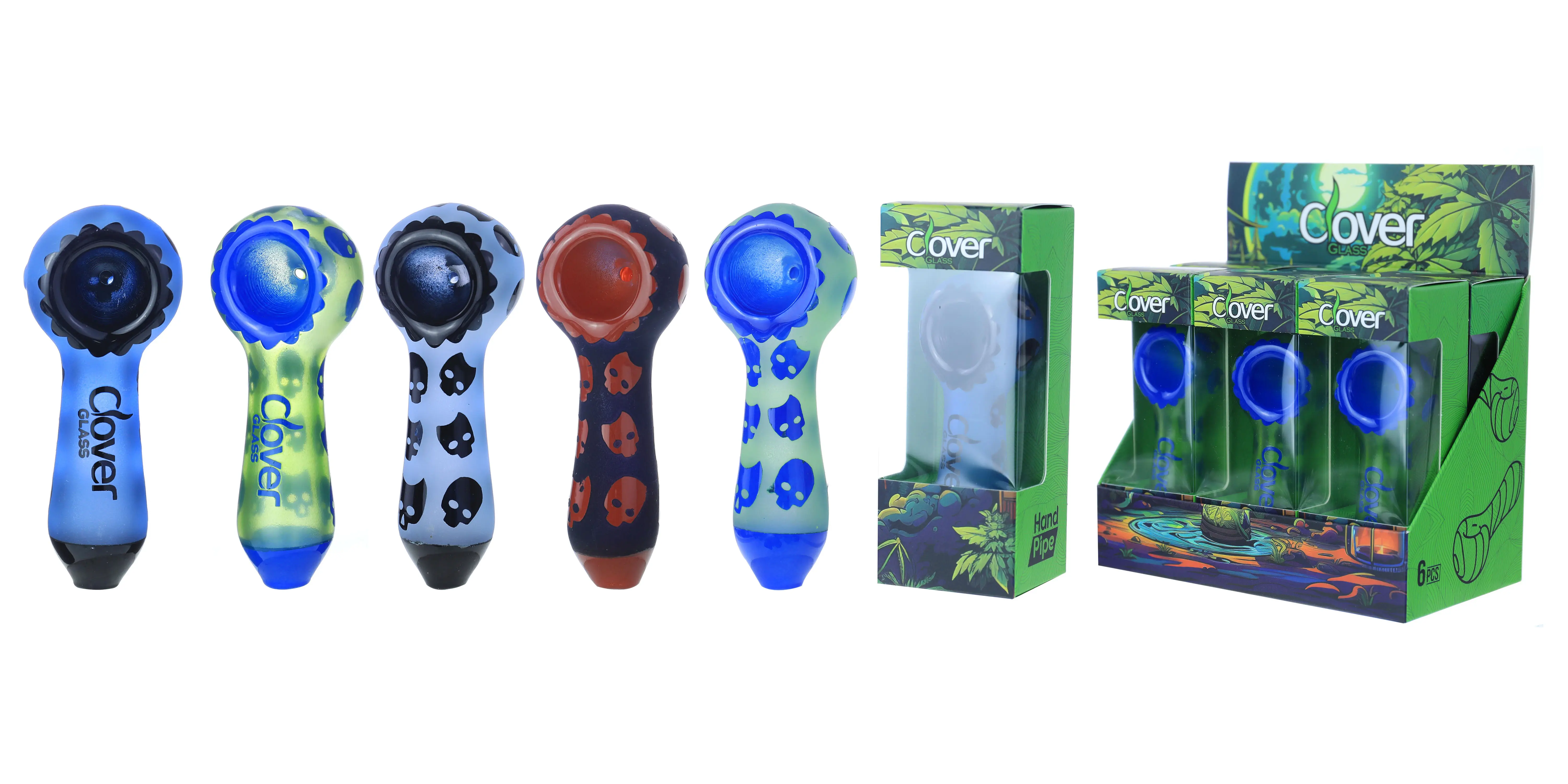 [T-1372-25] Clover Glass Hand Pipe 4 Inch Display 6PK (WPF-619)