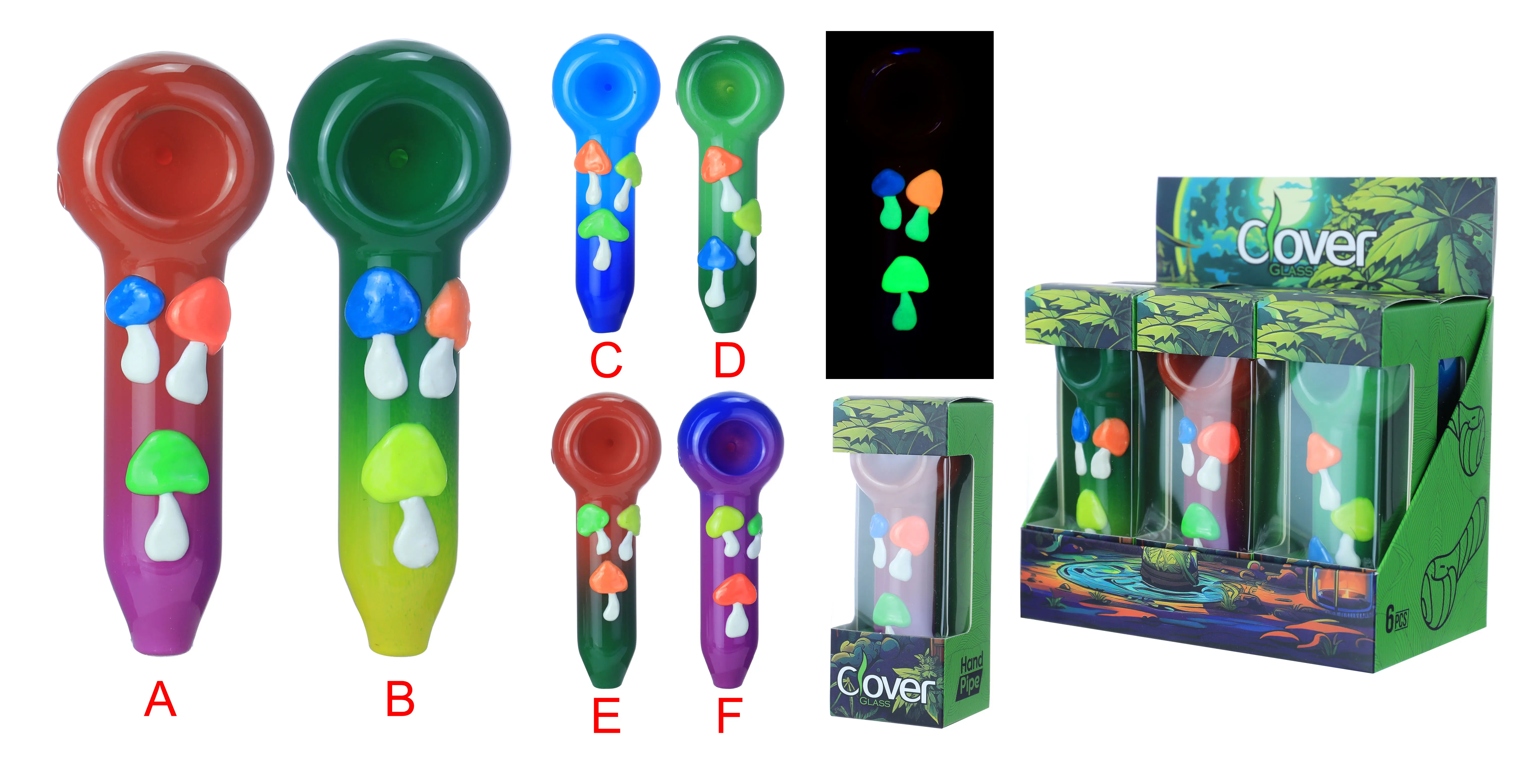 [T-1374-03] Clover Glass Hand Pipe 5Inch Display 6PK (WPF-655)