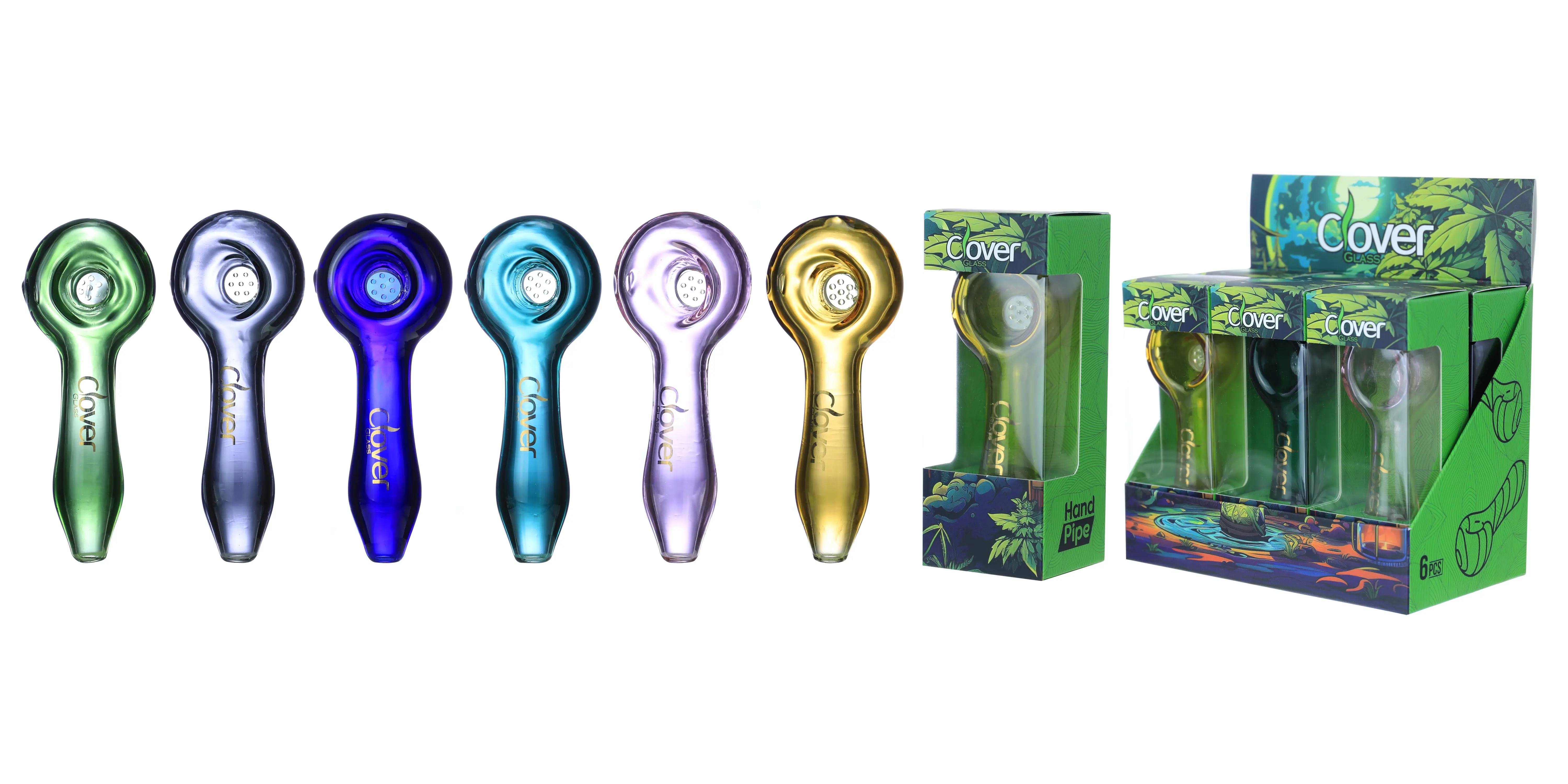 [T-1372-27] Clover Glass Hand Pipe 4 Inch Display 6PK (WPF-368)