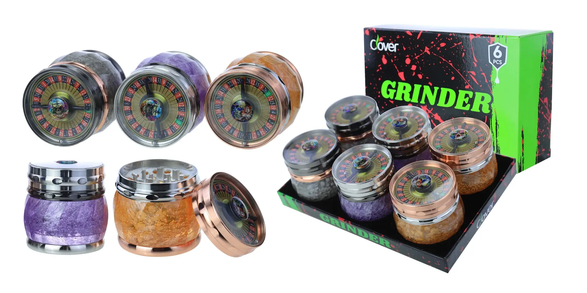 [T-1389-02] Clover Grinder Zinc Alloy  4 Part 6PC Display (GX-2463 71*72MM)