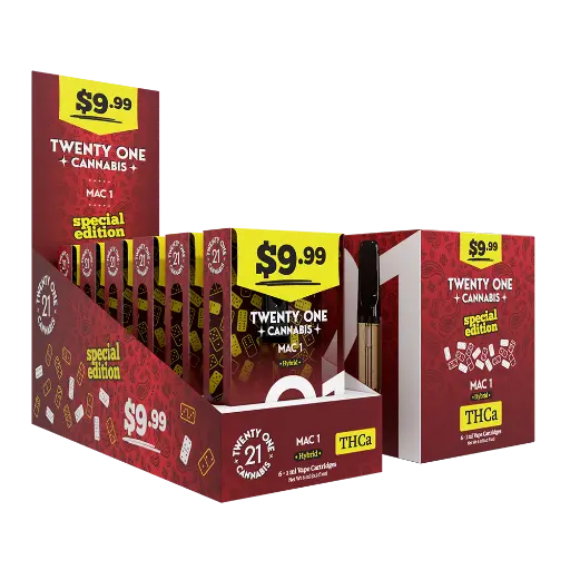 [T-1405-03] Twenty One Vape Cartridge 1ml THC-A Pre-Priced $9.99 6PK (Cookie Monster (Hybrid))