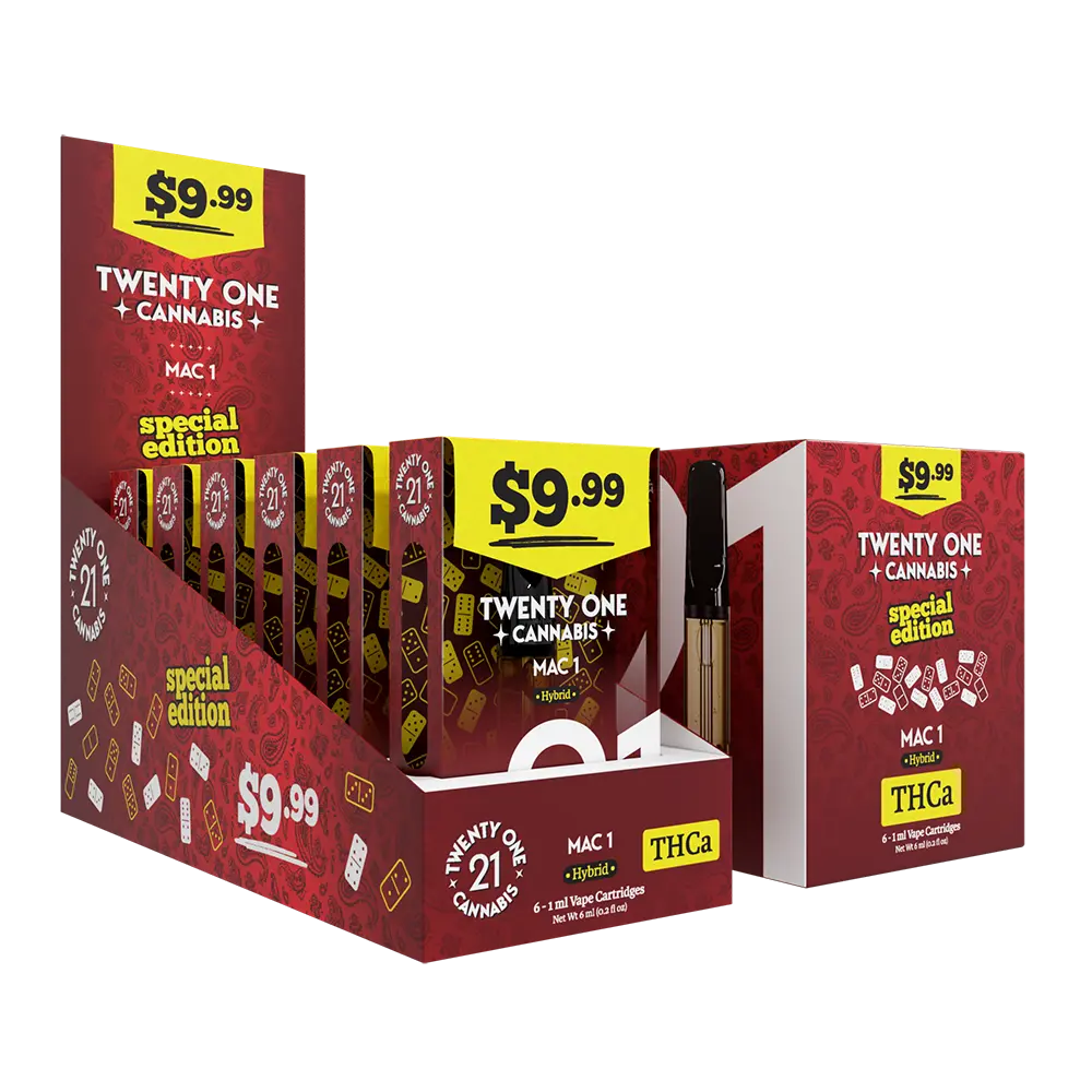 [T-1405-05] Twenty One Vape Cartridge 1ml THC-A Pre-Priced $9.99 6PK (Mac 1 (Hybrid))