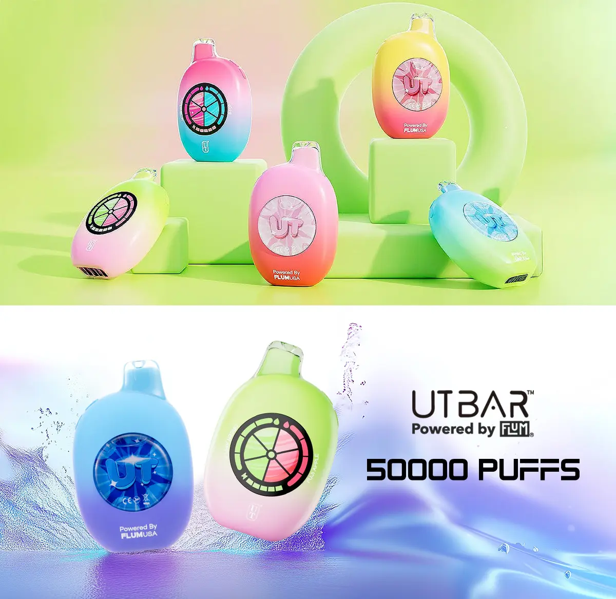 [T-1424-02] Flum UT Bar 50K Disposable Two Different Flavors 18ML 5PK (Bluerazz Ice /Triple Berry)
