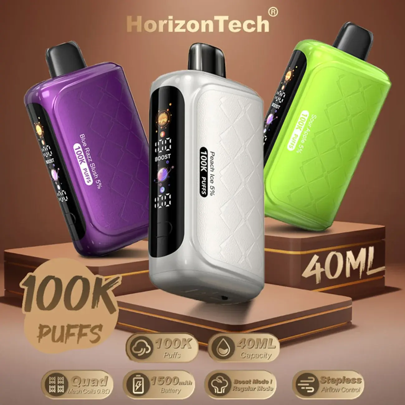 [T-1425-04] HorizonTech 100K Puff 40ML 5PK (Peach Ice)