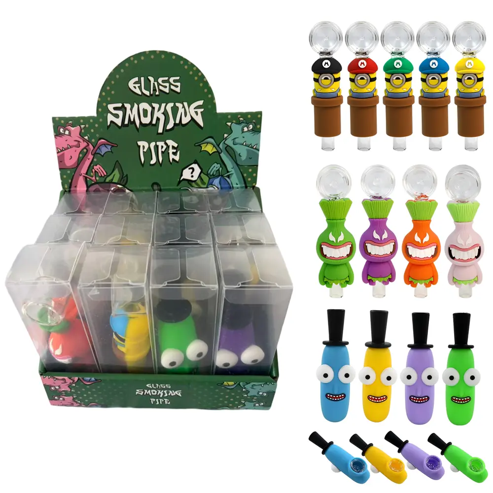 [T-1446-02] Hand Pipe Silicone With Glass 3Design Mix 12Pcs/Display (Design 2)
