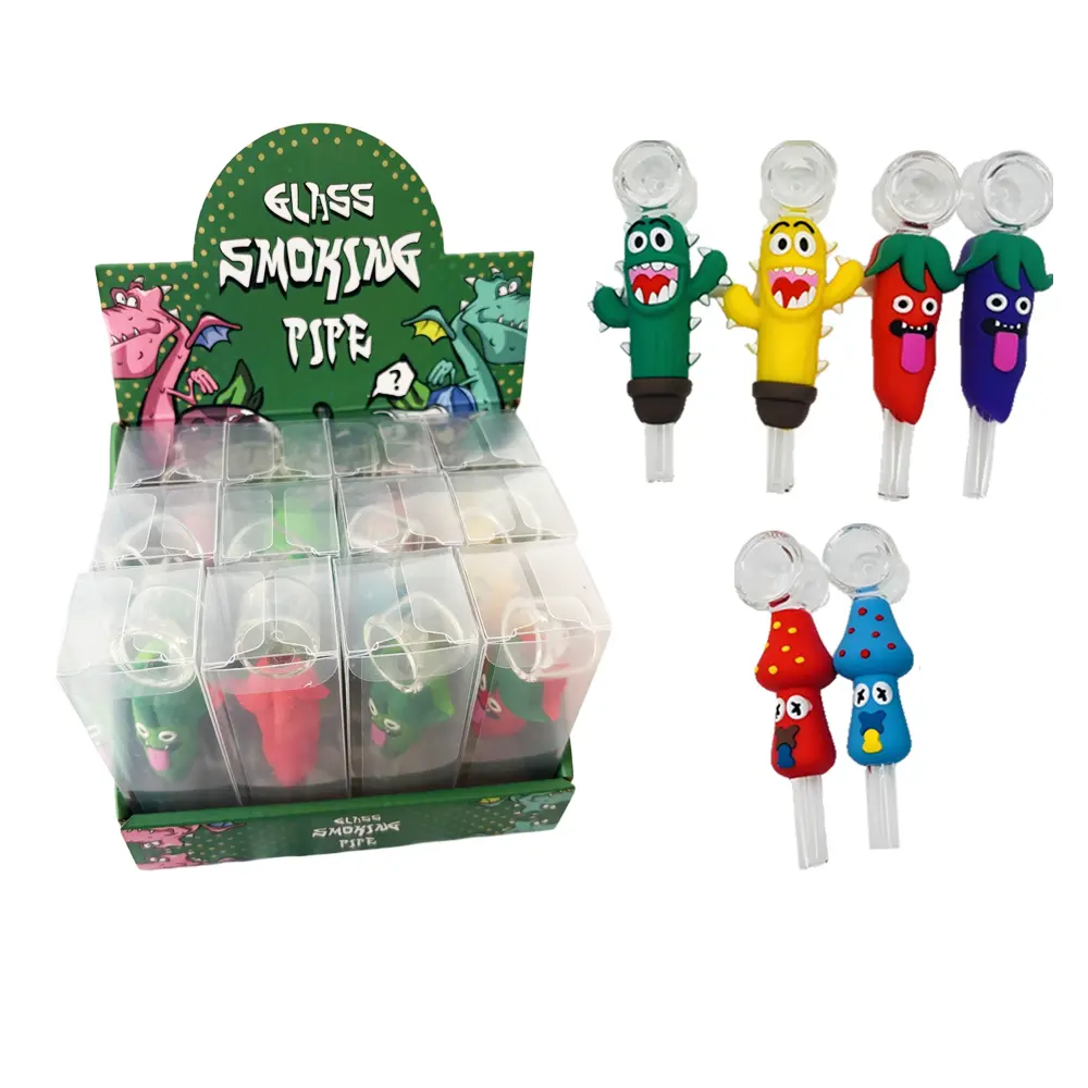 [T-1446-04] Hand Pipe Silicone With Glass 3Design Mix 12Pcs/Display (Design 4)