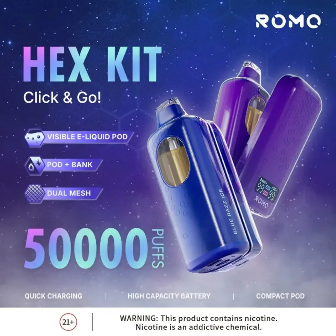 [T-1469-03] Romo Hex Disposable POD 50K Puff 12ML 5PK (Banana Ice)