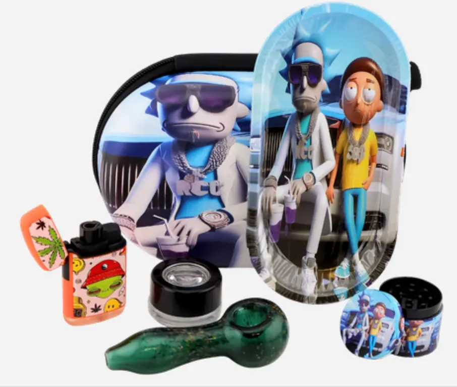 [T-1493-04]  Oval Bag Glass Smoking Pipe Set (Rick Money Man)