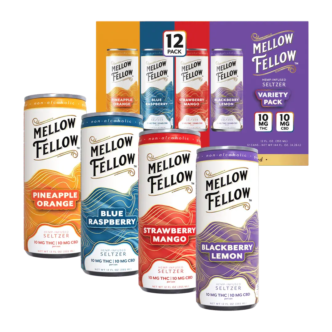 [T-1649-04] MELLOW FELLOW SELTZER BEVERAGES 20mg DELTA9 CBD 12OZ 12PK (Strawberry Mango)