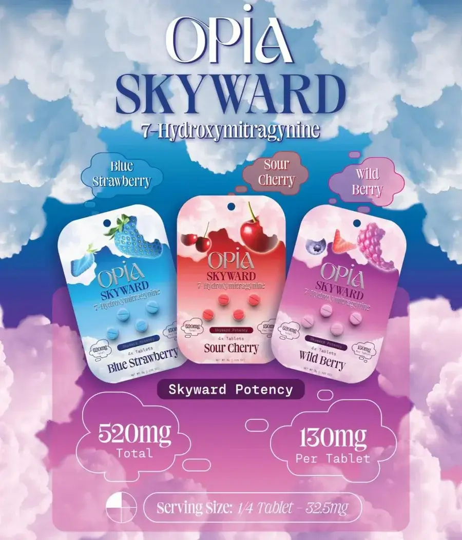[T-1652-01] OPIA 7-HYDROXYMITRAGYNINE 4 TABLETS 130MG PER TABLET BOX OF 10 Skyward (Blue Strawberry)