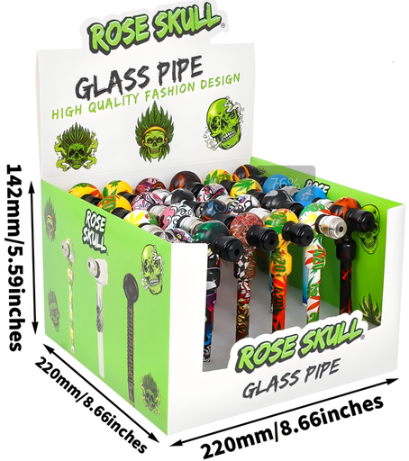 [T-1380] Clover Rose Skull Glass Pipe Cylindrical Shape 24PC A Display